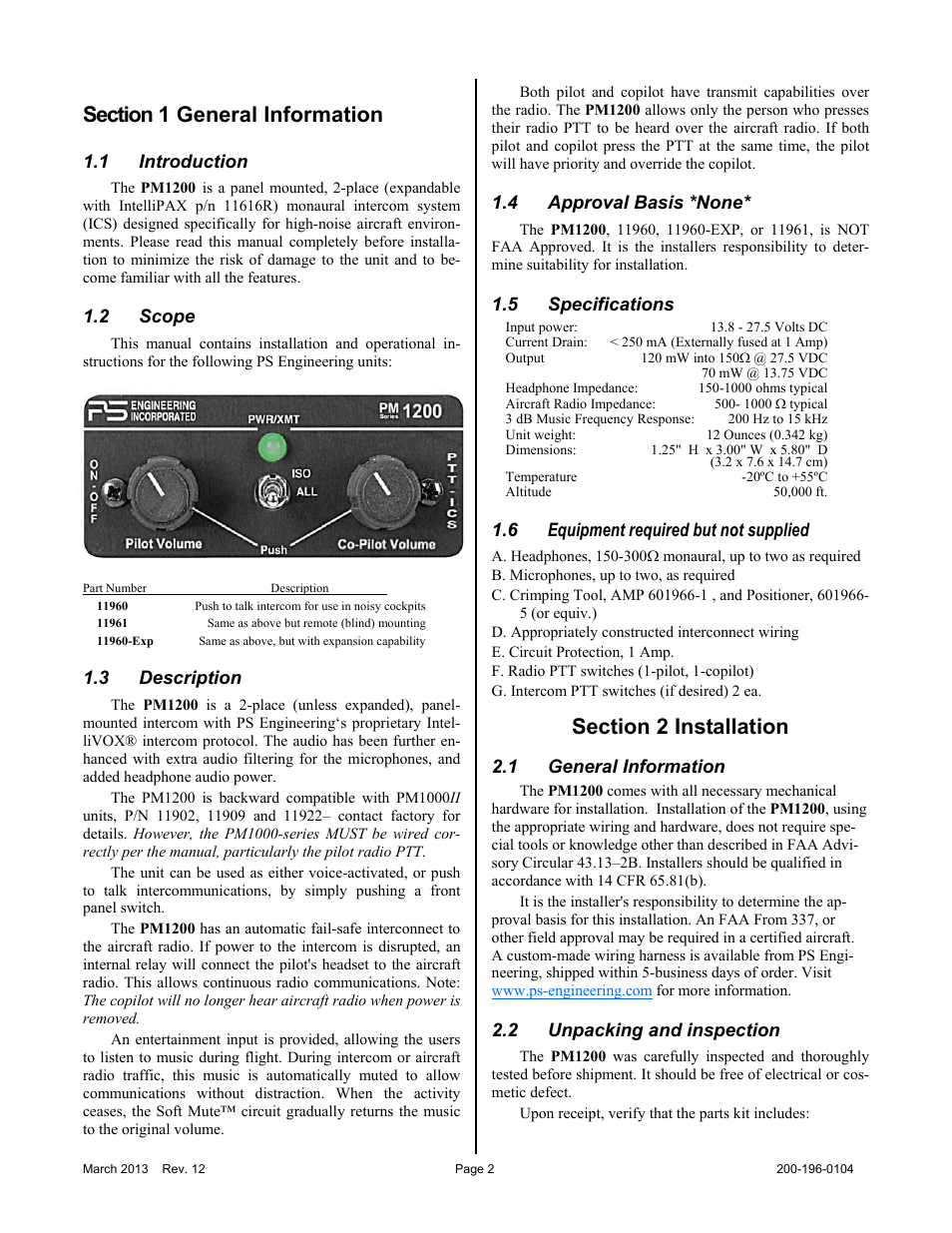 PS Engineering PM1200 Installation Manual User Manual | Page 2 / 9