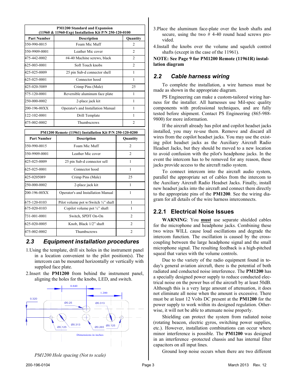 3 equipment installation procedures, 2 cable harness wiring, 1 electrical noise issues | PS Engineering PM1200 Installation Manual User Manual | Page 3 / 9