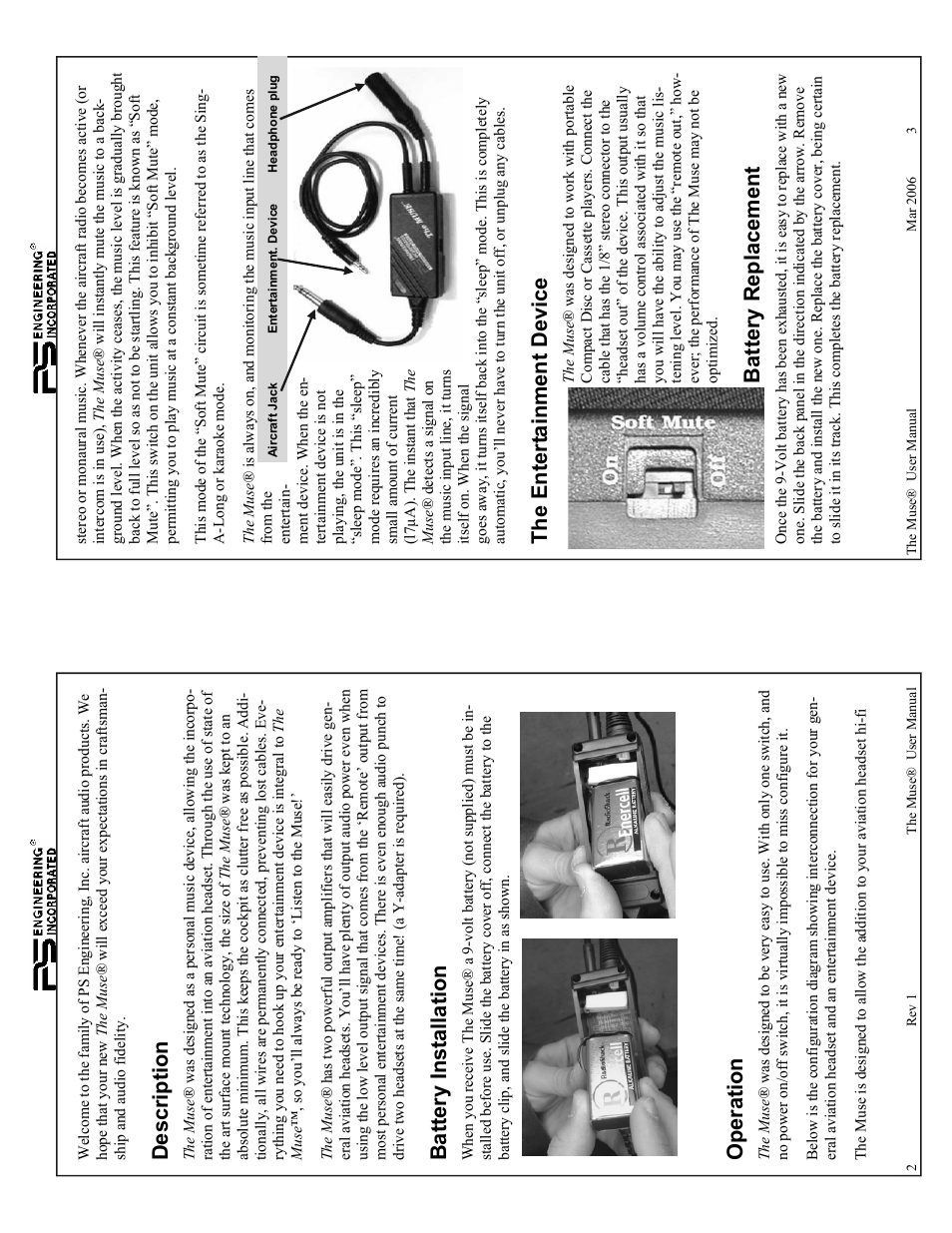 Description, Battery inst allation, Operation | The entert ainment device, Battery replacement | PS Engineering The Muse User Manual | Page 2 / 2