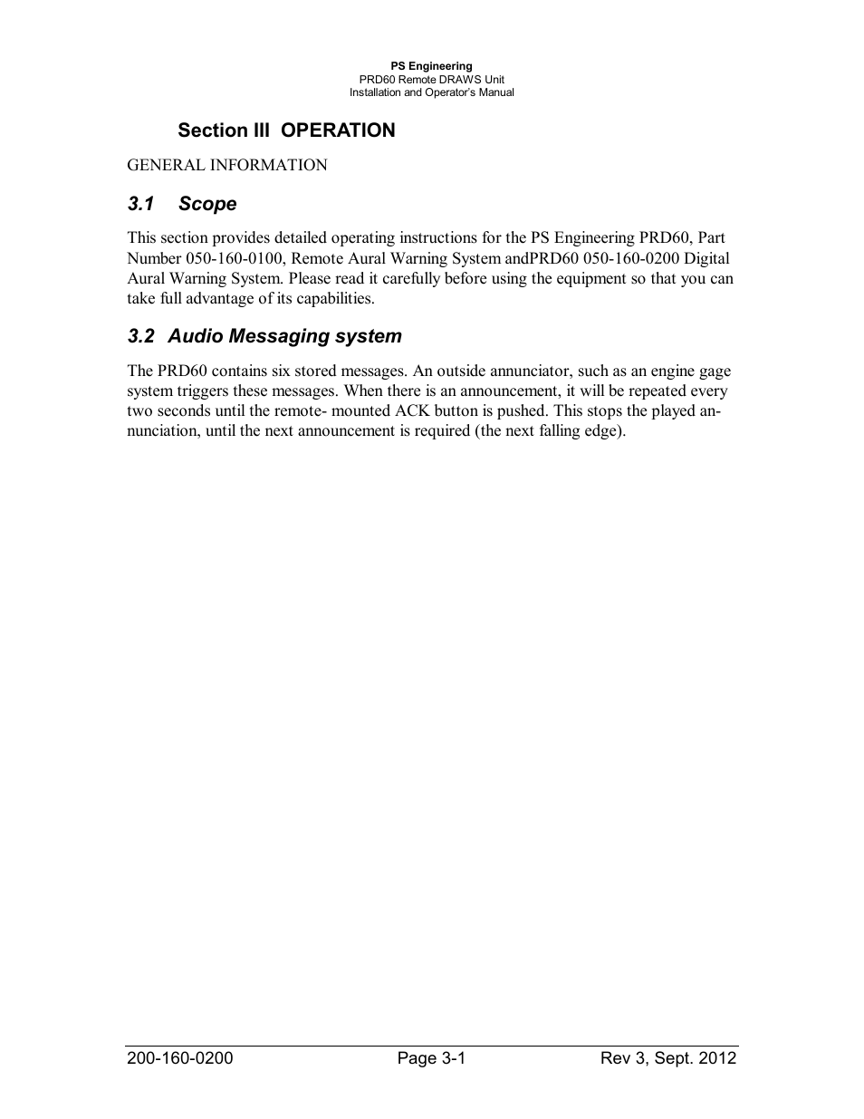 Section iii operation, Scope, Audio messaging system | Section iii operation -1, Cope, Udio, Essaging system | PS Engineering DRAWS User Manual | Page 10 / 14