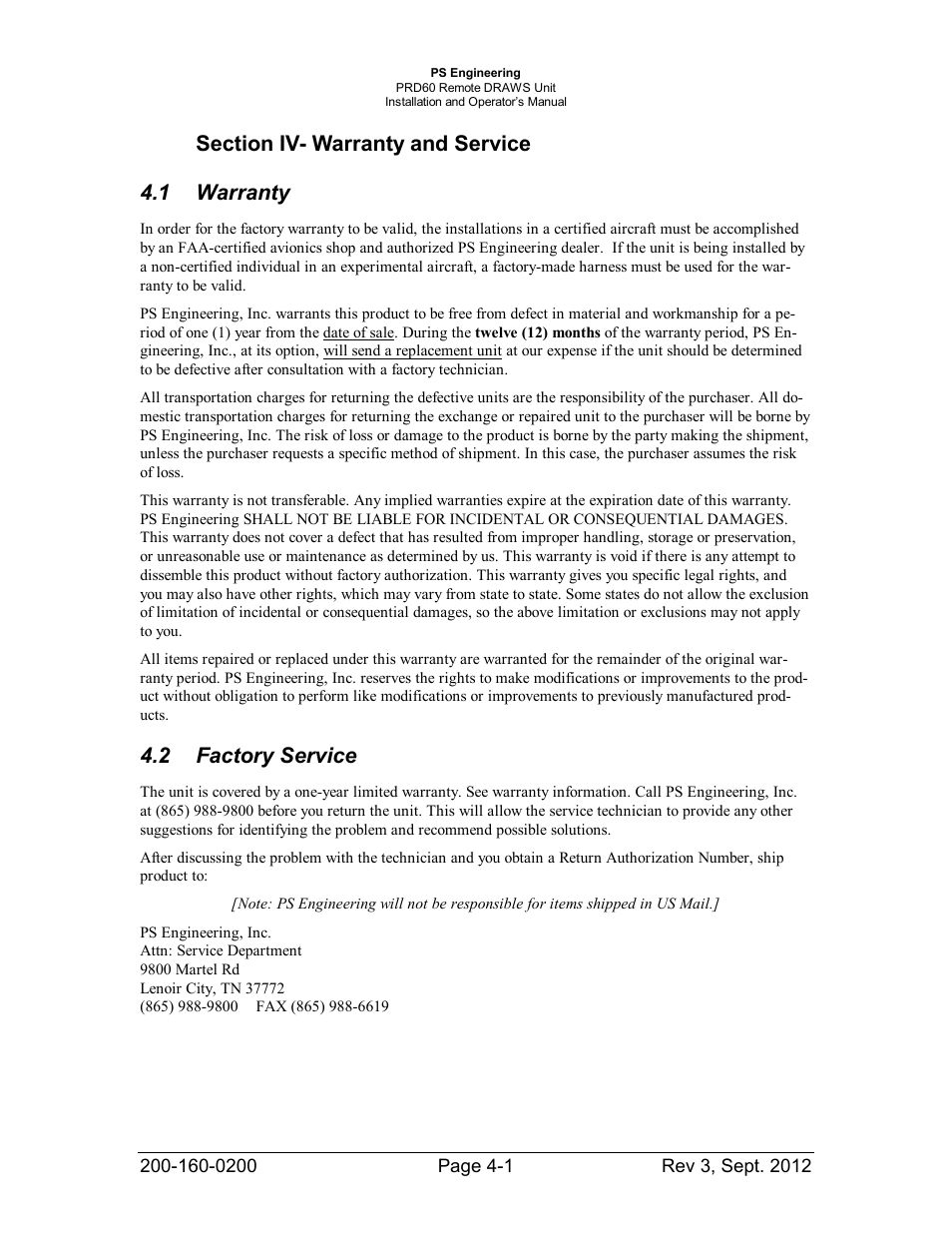 Section iv- warranty and service, Warranty, Factory service | Section iv- warranty and service -1, Arranty, Actory, Ervice, 2 factory service | PS Engineering DRAWS User Manual | Page 11 / 14