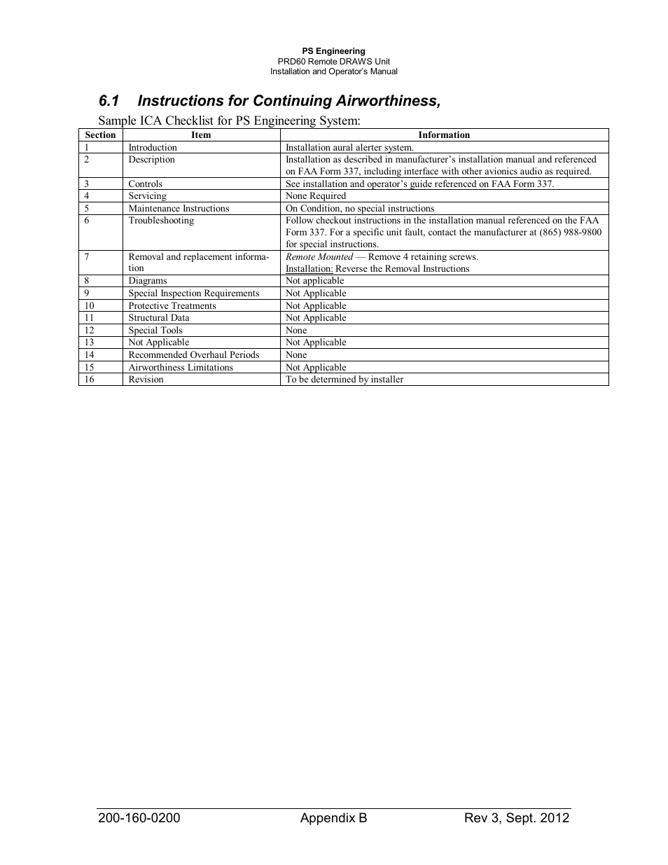 Instructions for continuing airworthiness, 1 instructions for continuing airworthiness, Sample ica checklist for ps engineering system | PS Engineering DRAWS User Manual | Page 14 / 14