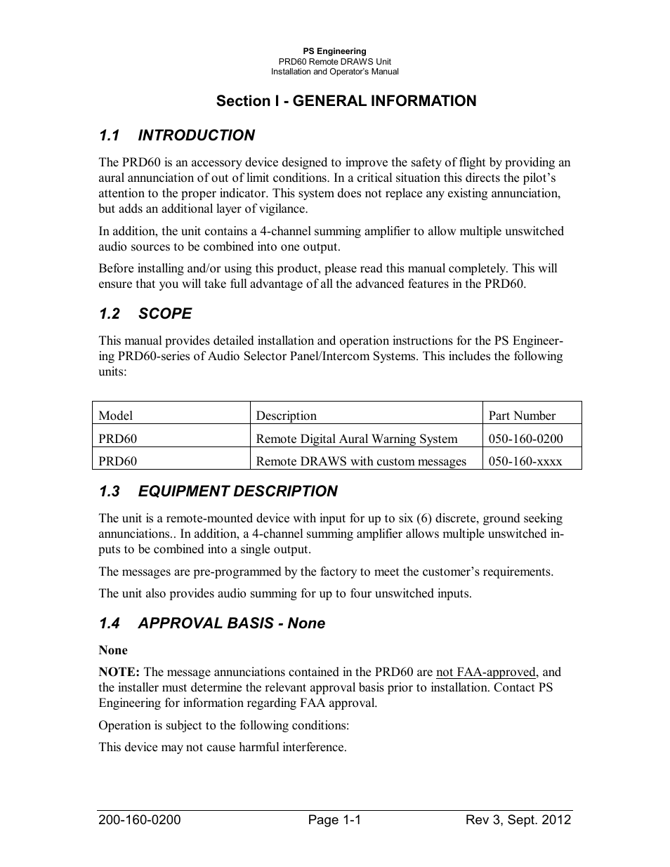 Section i - general information, 1introduction, 2scope | 3equipment description, 4approval basis - none, Section i - general information -1, Introduction -1, Scope -1, Equipment, Description -1 | PS Engineering DRAWS User Manual | Page 3 / 14