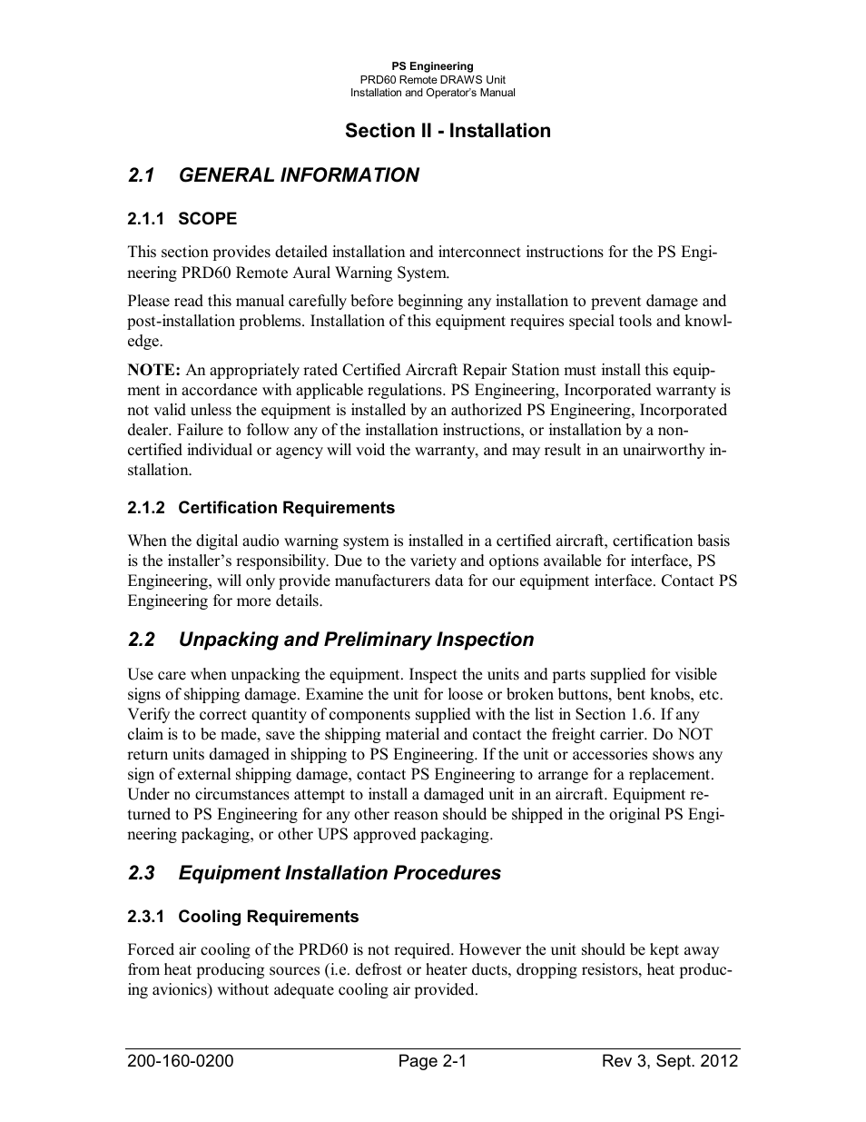 Section ii - installation, General information, Scope | Certification requirements, Unpacking and preliminary inspection, Equipment installation procedures, Cooling requirements, Section ii - installation -1, General, Information -1 | PS Engineering DRAWS User Manual | Page 6 / 14