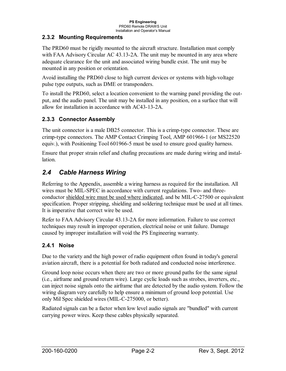 Mounting requirements, Connector assembly, Cable harness wiring | Noise, Ounting, Equirements, Onnector, Ssembly, Able, Arness | PS Engineering DRAWS User Manual | Page 7 / 14
