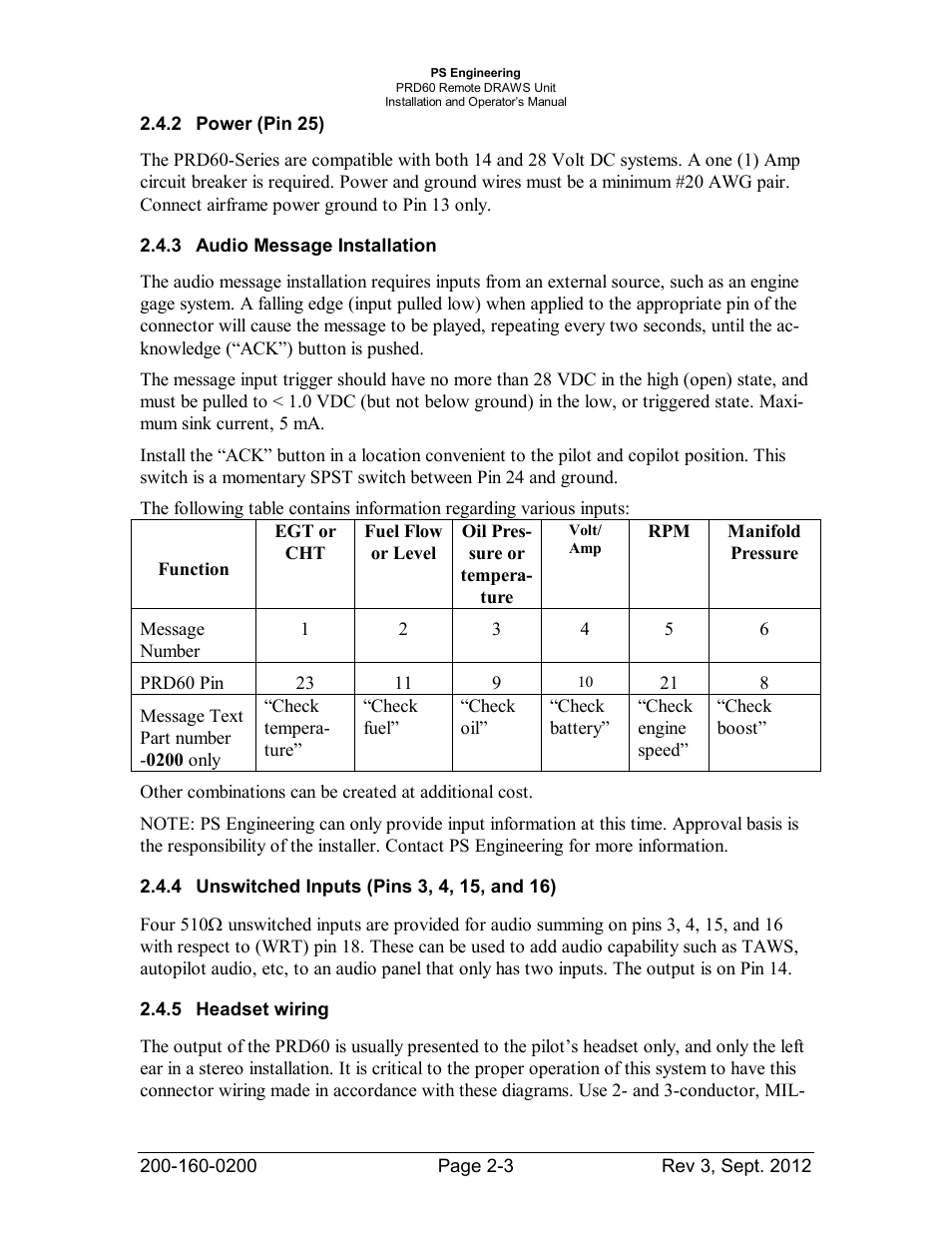 Power (pin 25), Audio message installation, Headset wiring | Ower, Udio, Essage, Nstallation, Nswitched, Nputs, Eadset wiring | PS Engineering DRAWS User Manual | Page 8 / 14