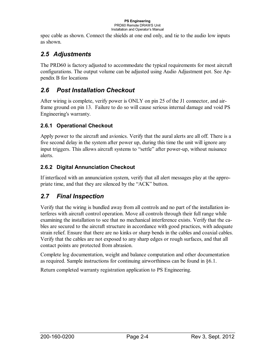 Adjustments, Post installation checkout, Operational checkout | Digital annunciation checkout, Djustments, Nstallation, Heckout, Perational, Igital, Nnunciation | PS Engineering DRAWS User Manual | Page 9 / 14