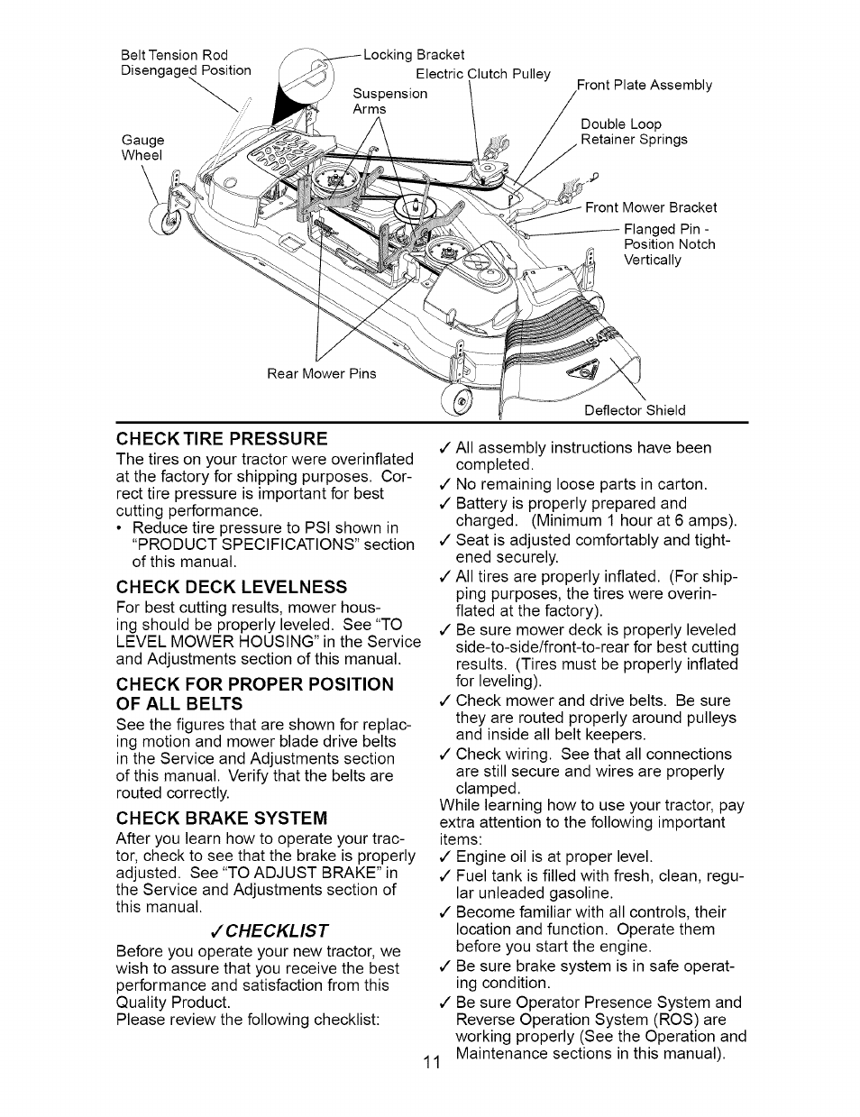 Check tire pressure, Check deck levelness, Check for proper position of all belts | Check brake system | Craftsman 917.276230 User Manual | Page 11 / 60