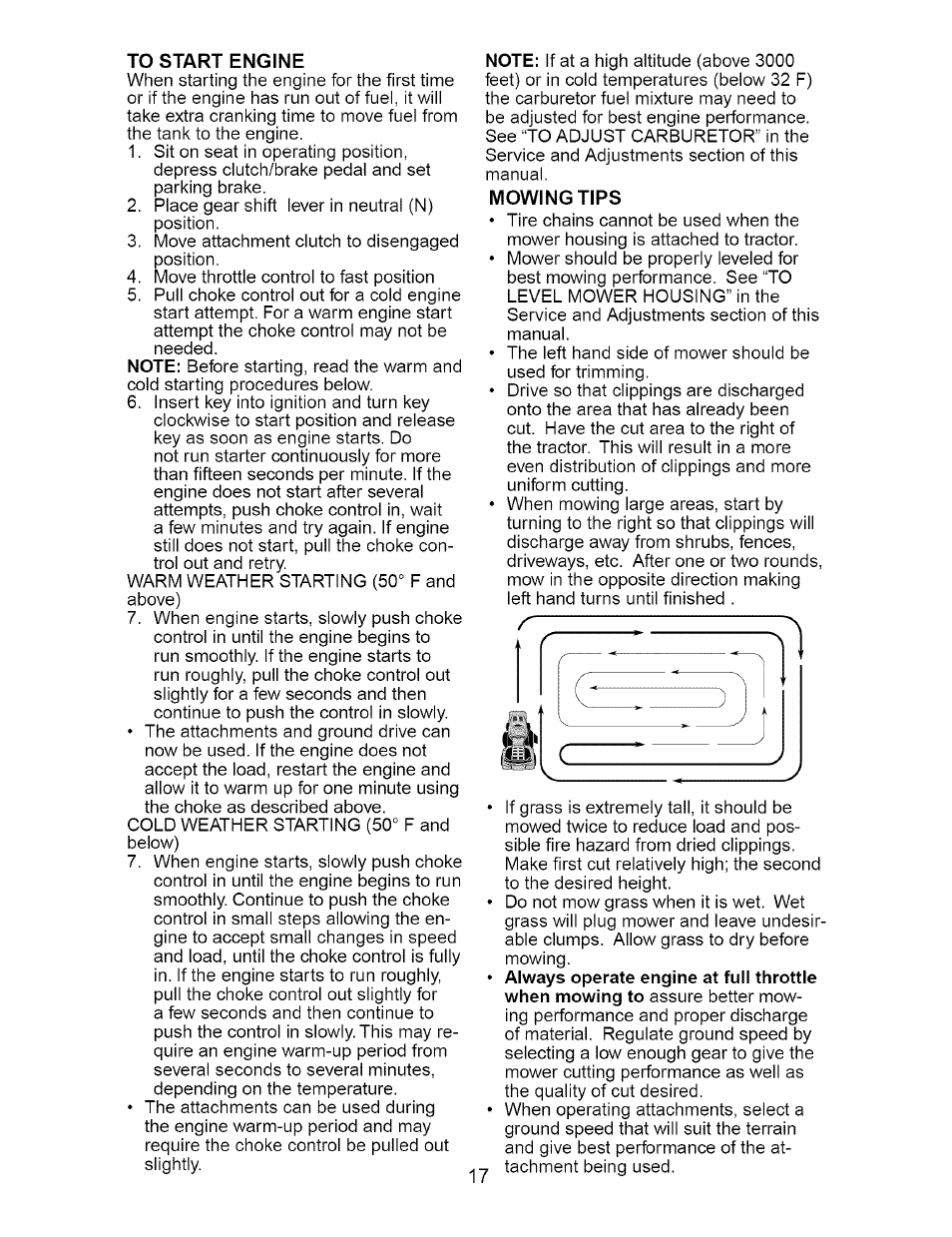 To start engine, Mowing tips | Craftsman 917.276230 User Manual | Page 17 / 60