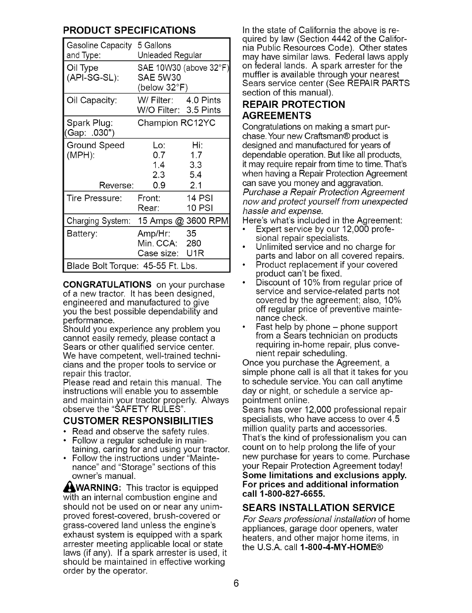 Product specifications, Customer responsibilities, Repair protection agreements | Sears installation service | Craftsman 917.276230 User Manual | Page 6 / 60