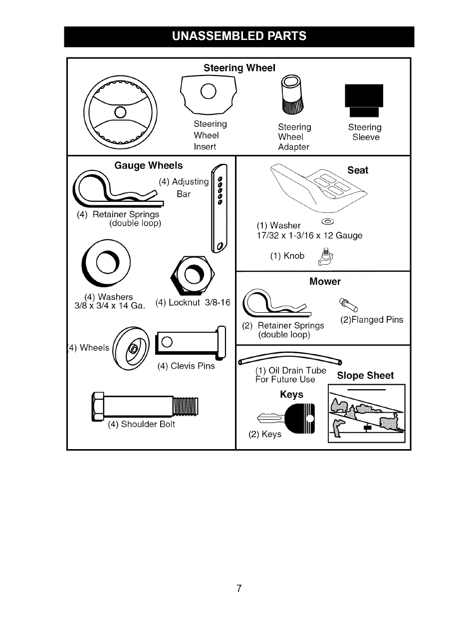 Unassembled parts, Steering wheel, Gauge wheels | Mower, Keys | Craftsman 917.276230 User Manual | Page 7 / 60