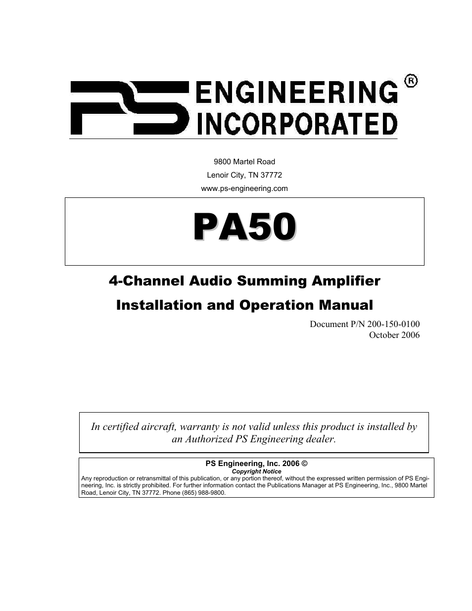 PS Engineering PA50 User Manual | 12 pages