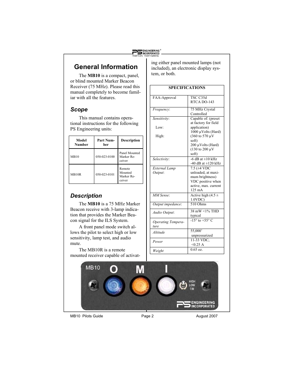 General information, Scope, Description | PS Engineering MB-10 Pilot’s Guide User Manual | Page 2 / 4