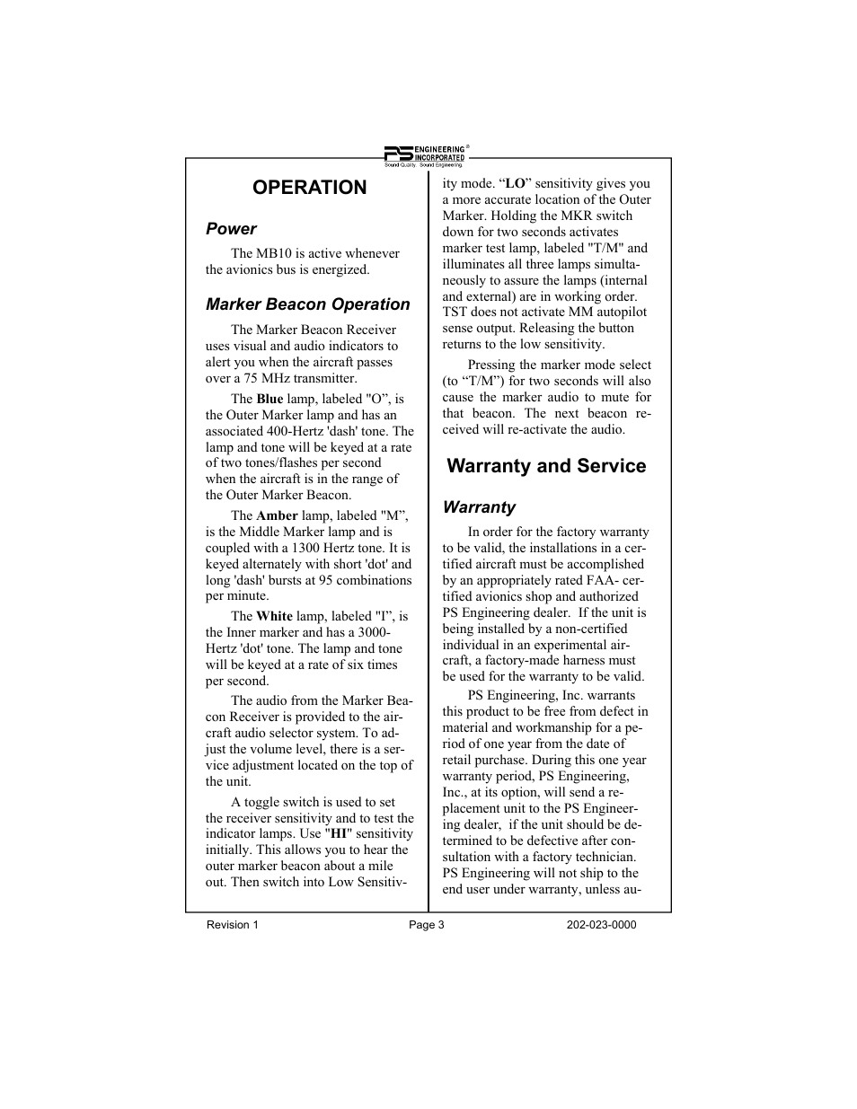 Operation, Warranty and service | PS Engineering MB-10 Pilot’s Guide User Manual | Page 3 / 4