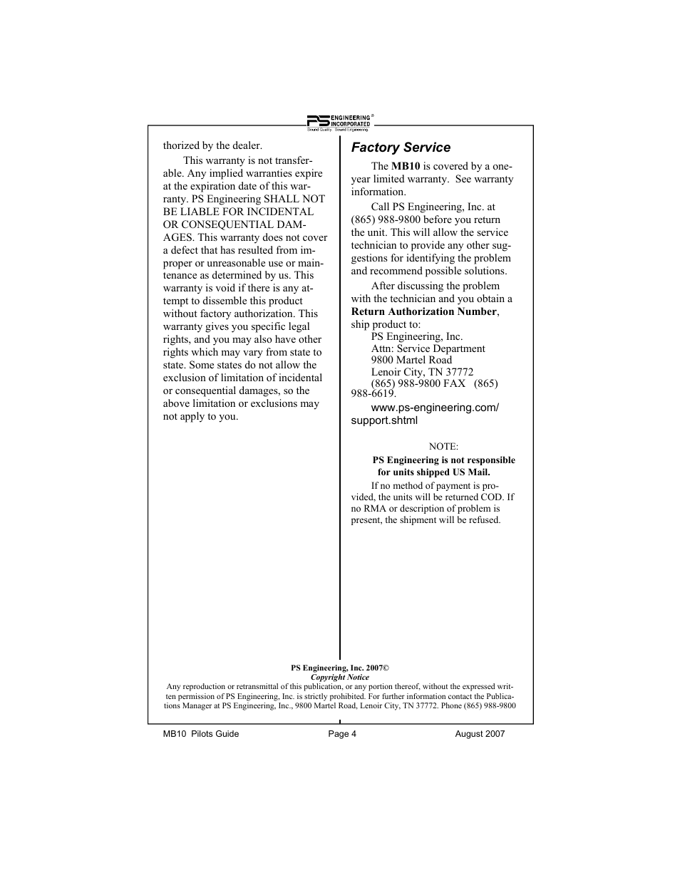 Factory service | PS Engineering MB-10 Pilot’s Guide User Manual | Page 4 / 4