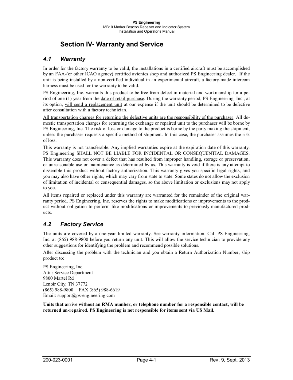 Section iv- warranty and service, Warranty, Factory service | Section iv- warranty and service -1, Arranty, Actory, Ervice | PS Engineering MB-10 Installation Manual User Manual | Page 10 / 15