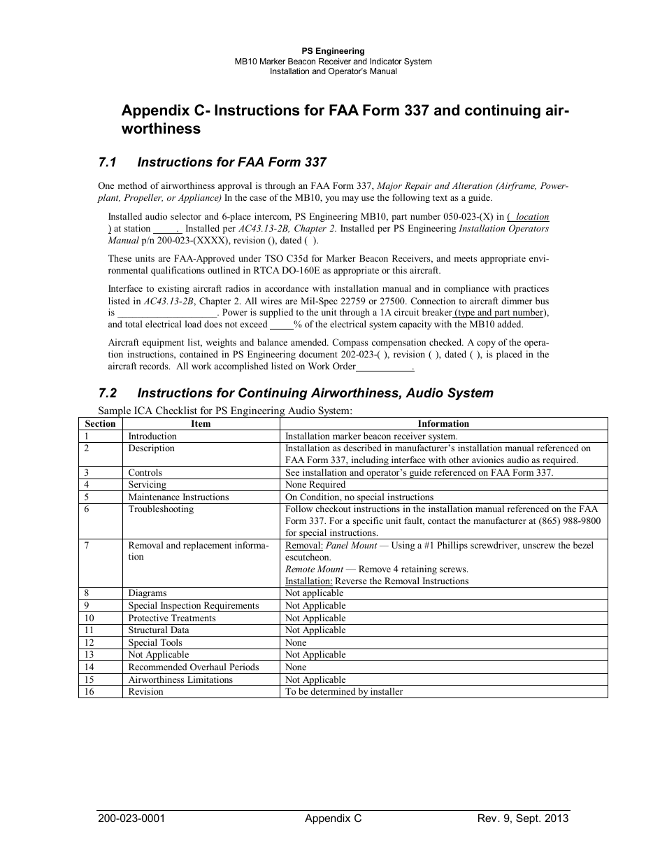 Instructions for faa form 337, 1 instructions for faa form 337 | PS Engineering MB-10 Installation Manual User Manual | Page 14 / 15