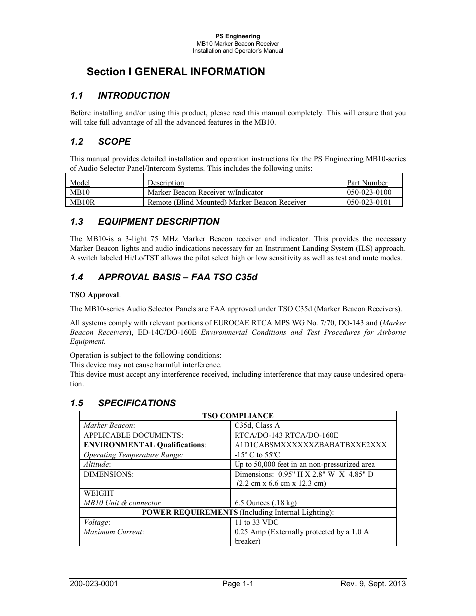 Section i general information, 1introduction, 2scope | 3equipment description, Approval basis – faa tso c35d, 5specifications, Section i general information -1, Introduction -1, Scope -1, Equipment | PS Engineering MB-10 Installation Manual User Manual | Page 3 / 15