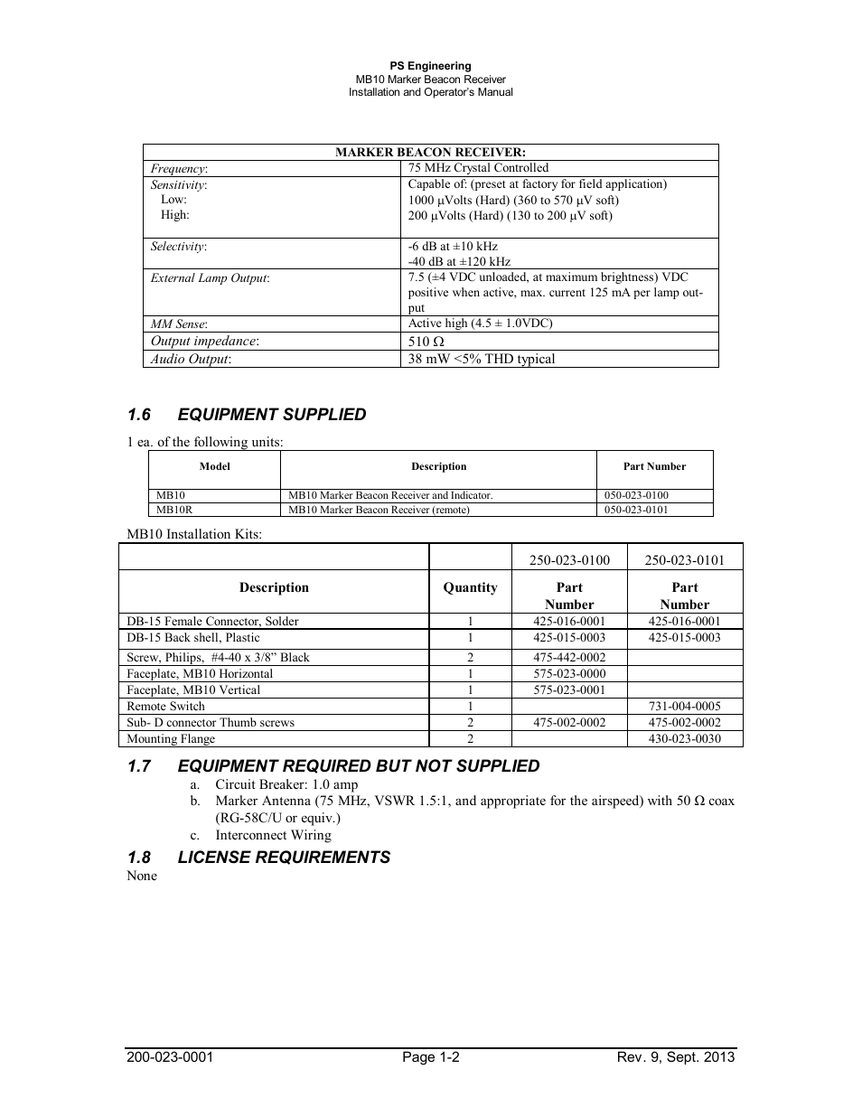 6equipment supplied, 7equipment required but not supplied, 8license requirements | Equipment, Supplied -2, Required, License, Requirements -2, 6 equipment supplied, 7 equipment required but not supplied | PS Engineering MB-10 Installation Manual User Manual | Page 4 / 15
