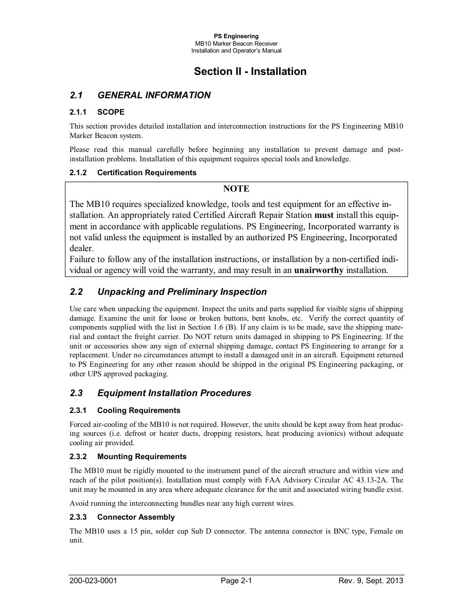 Section ii - installation, General information, Scope | Certification requirements, Unpacking and preliminary inspection, Equipment installation procedures, Cooling requirements, Mounting requirements, Connector assembly, Section ii - installation -1 | PS Engineering MB-10 Installation Manual User Manual | Page 5 / 15