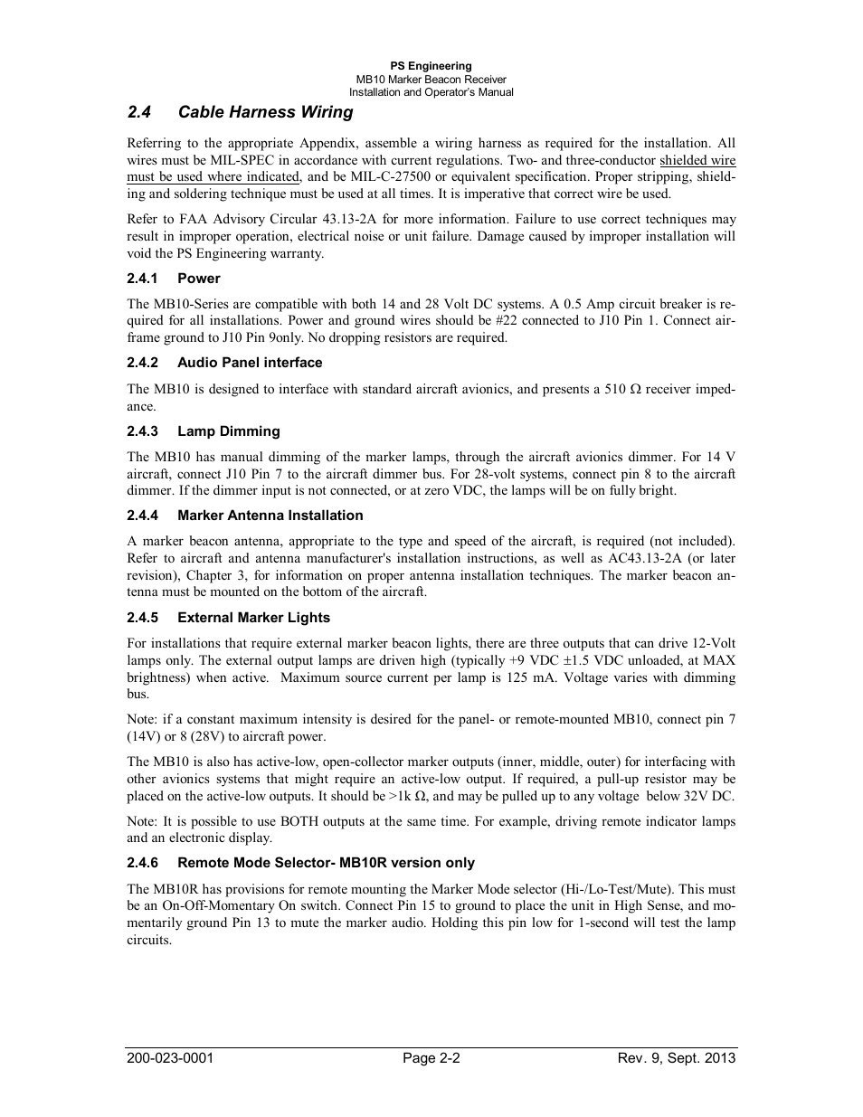 Cable harness wiring, Power, Audio panel interface | Lamp dimming, Marker antenna installation, External marker lights, Remote mode selector- mb10r version only, Able, Arness, Iring | PS Engineering MB-10 Installation Manual User Manual | Page 6 / 15