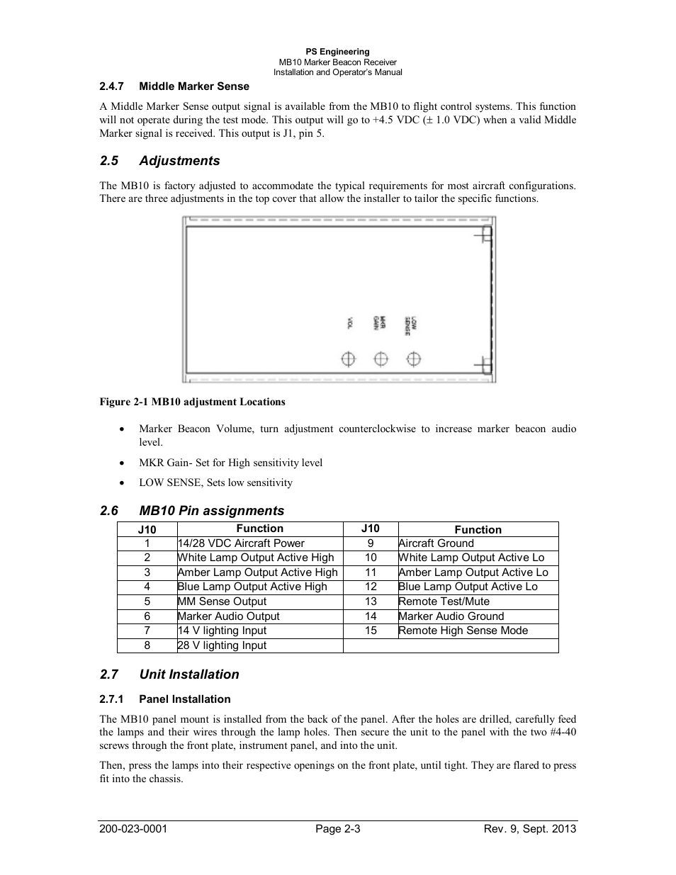 Middle marker sense, Adjustments, Mb10 pin assignments | Unit installation, Panel installation, Iddle, Arker, Ense, Djustments, Mb10 | PS Engineering MB-10 Installation Manual User Manual | Page 7 / 15