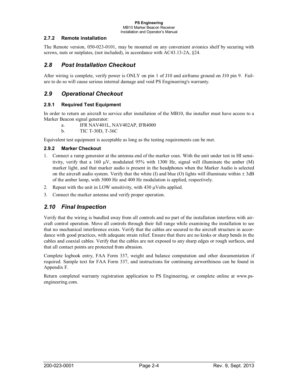 Remote installation, Post installation checkout, Operational checkout | Required test equipment, Marker checkout, Final inspection, Emote installation, Nstallation, Heckout, Perational | PS Engineering MB-10 Installation Manual User Manual | Page 8 / 15