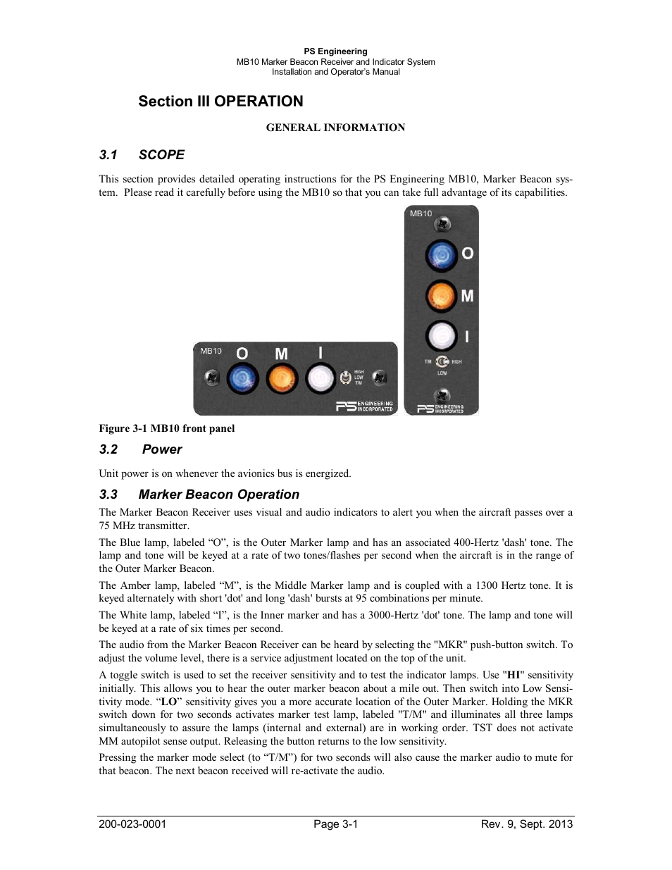 Section iii operation, Scope, Power | Marker beacon operation, Section iii operation -1, Scope -1, Ower, Arker, Eacon, Peration | PS Engineering MB-10 Installation Manual User Manual | Page 9 / 15