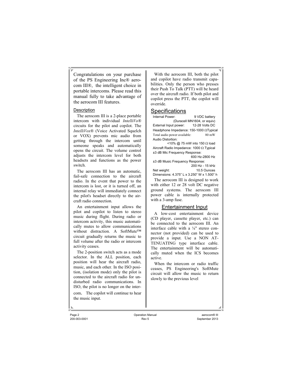 Specifications, Entertainment input | PS Engineering Aerocom III User Manual | Page 2 / 8