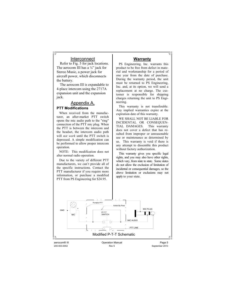 Interconnect, Appendix a, Warranty | PS Engineering Aerocom III User Manual | Page 5 / 8