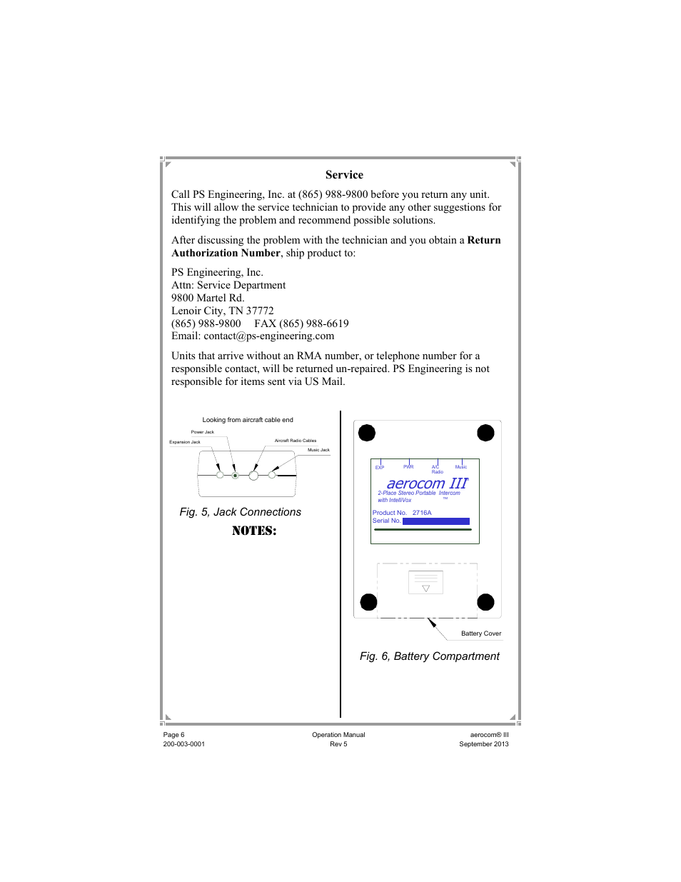 Aerocom iii, Service, Fig. 5, jack connections | Fig. 6, battery compartment | PS Engineering Aerocom III User Manual | Page 6 / 8