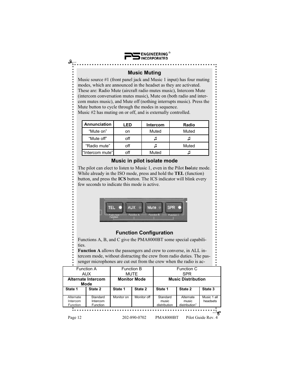 Music muting, Music in pilot isolate mode, Function configuration | PS Engineering PMA8000BT User Manual | Page 12 / 20
