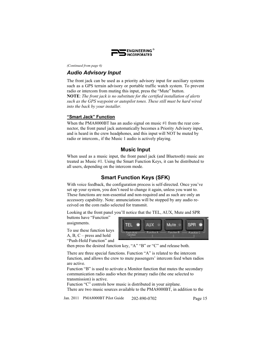 Audio advisory input, Music input, Smart function keys (sfk) | PS Engineering PMA8000BT User Manual | Page 15 / 20