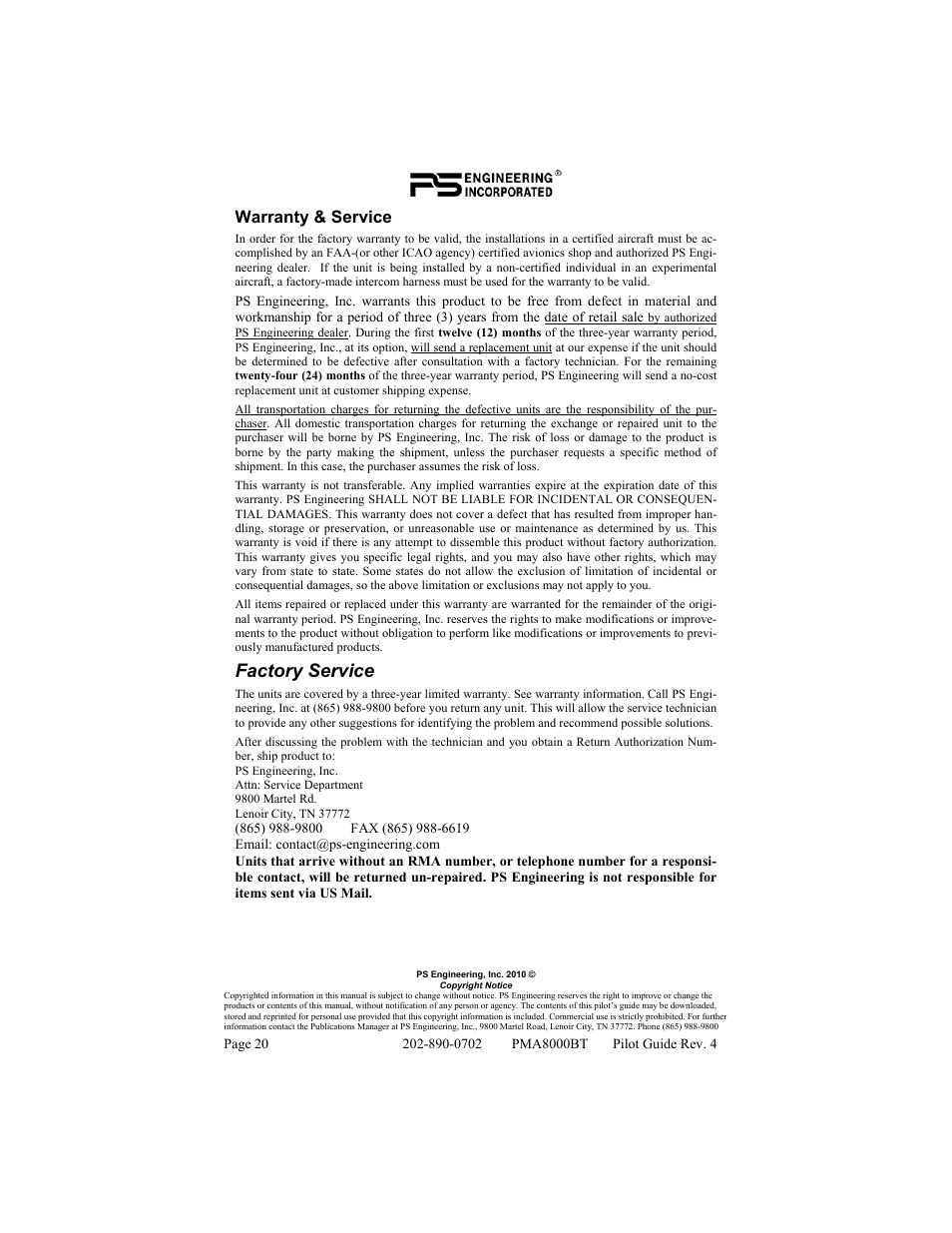 Factory service, Warranty & service | PS Engineering PMA8000BT User Manual | Page 20 / 20