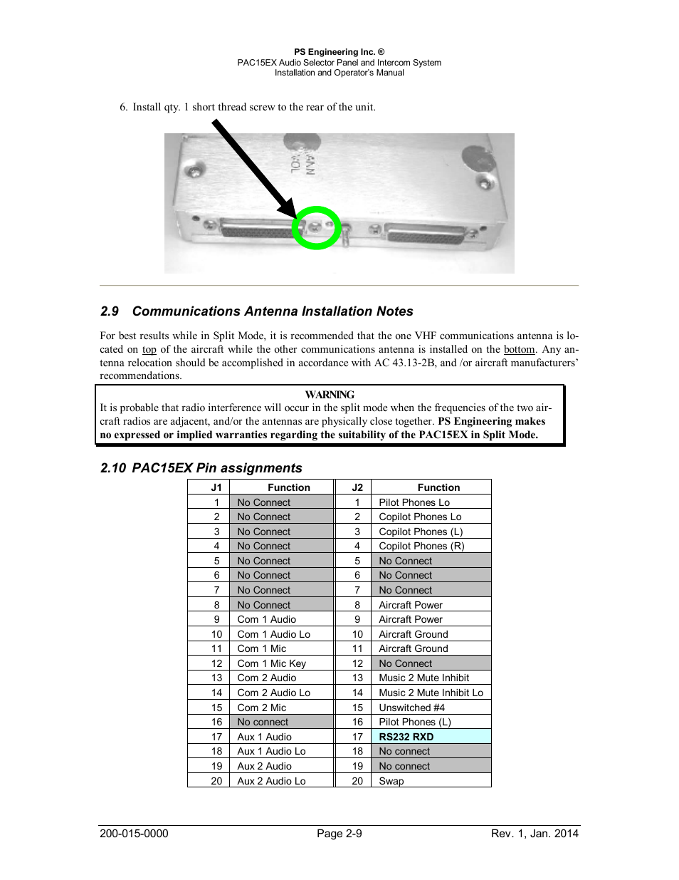 Communications antenna installation notes, Pac15ex pin assignments, Ommunications | Ntenna, Nstallation, Otes, Pac15ex, In assignments, 10 pac15ex pin assignments | PS Engineering PAC15 User Manual | Page 15 / 27
