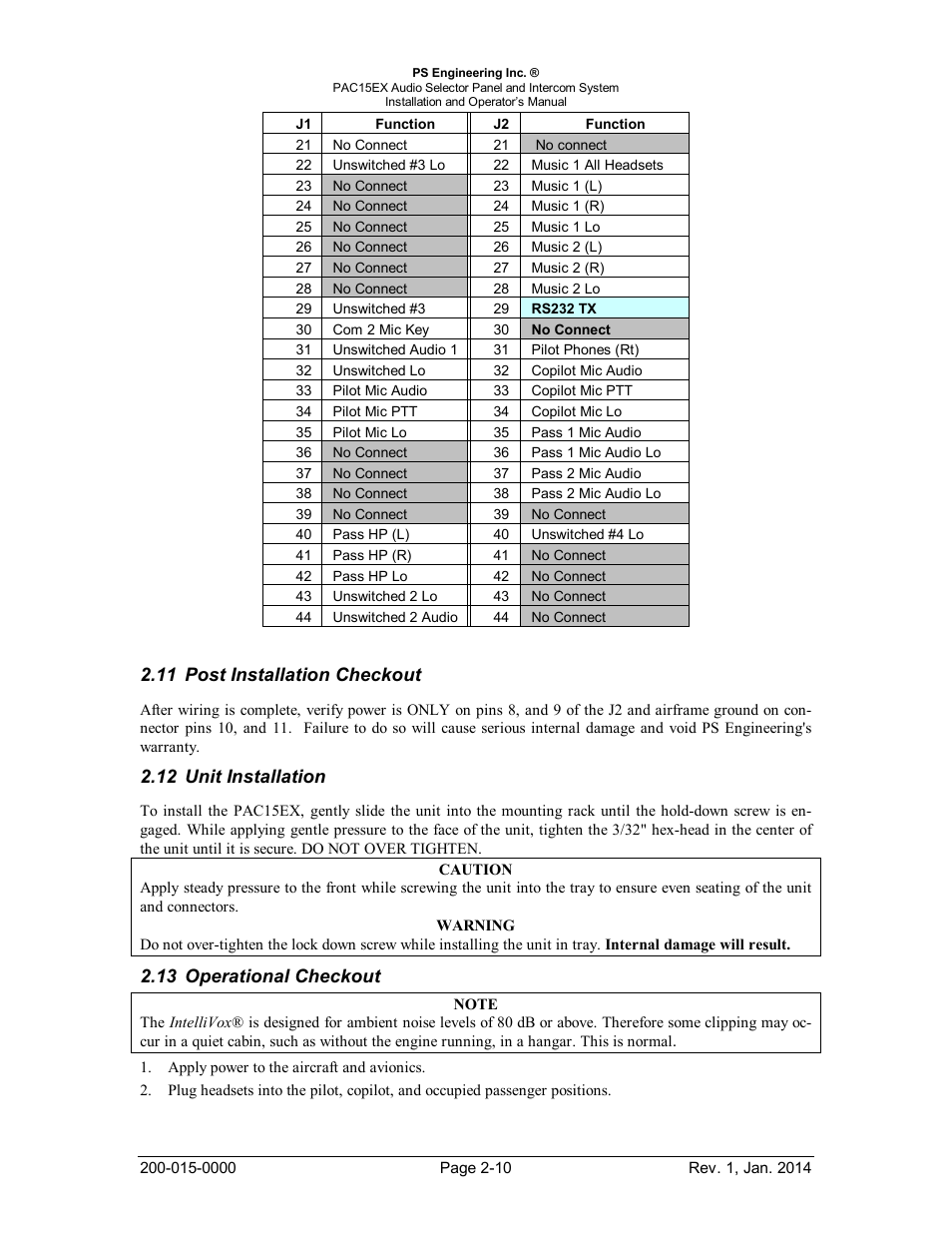 Post installation checkout, Unit installation, Operational checkout | Nstallation, Heckout, Perational, 11 post installation checkout, 12 unit installation, 13 operational checkout | PS Engineering PAC15 User Manual | Page 16 / 27