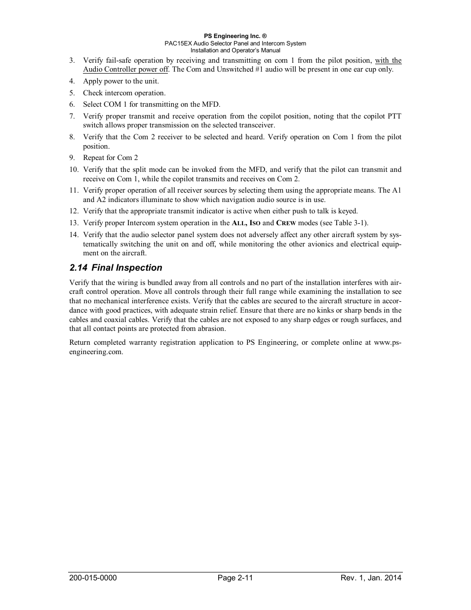 Final inspection, Inal, Nspection | 14 final inspection | PS Engineering PAC15 User Manual | Page 17 / 27