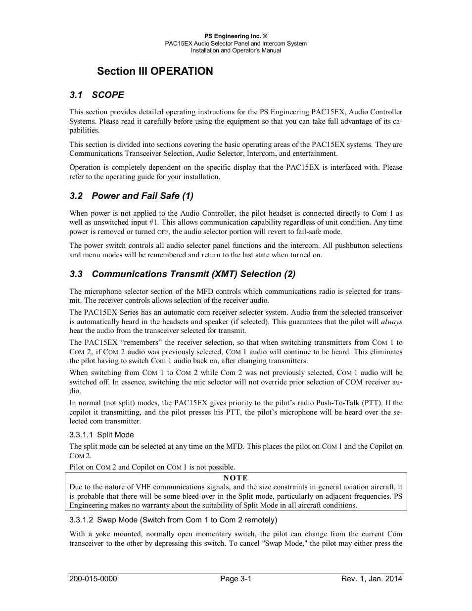 Section iii operation, Scope, Power and fail safe (1) | Communications transmit (xmt) selection (2), Scope -1, Ower and, Ommunications, Ransmit, Xmt), Election | PS Engineering PAC15 User Manual | Page 18 / 27