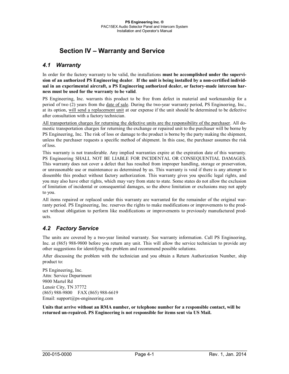 Section iv – warranty and service, Warranty, Factory service | Arranty, Actory, Ervice | PS Engineering PAC15 User Manual | Page 22 / 27