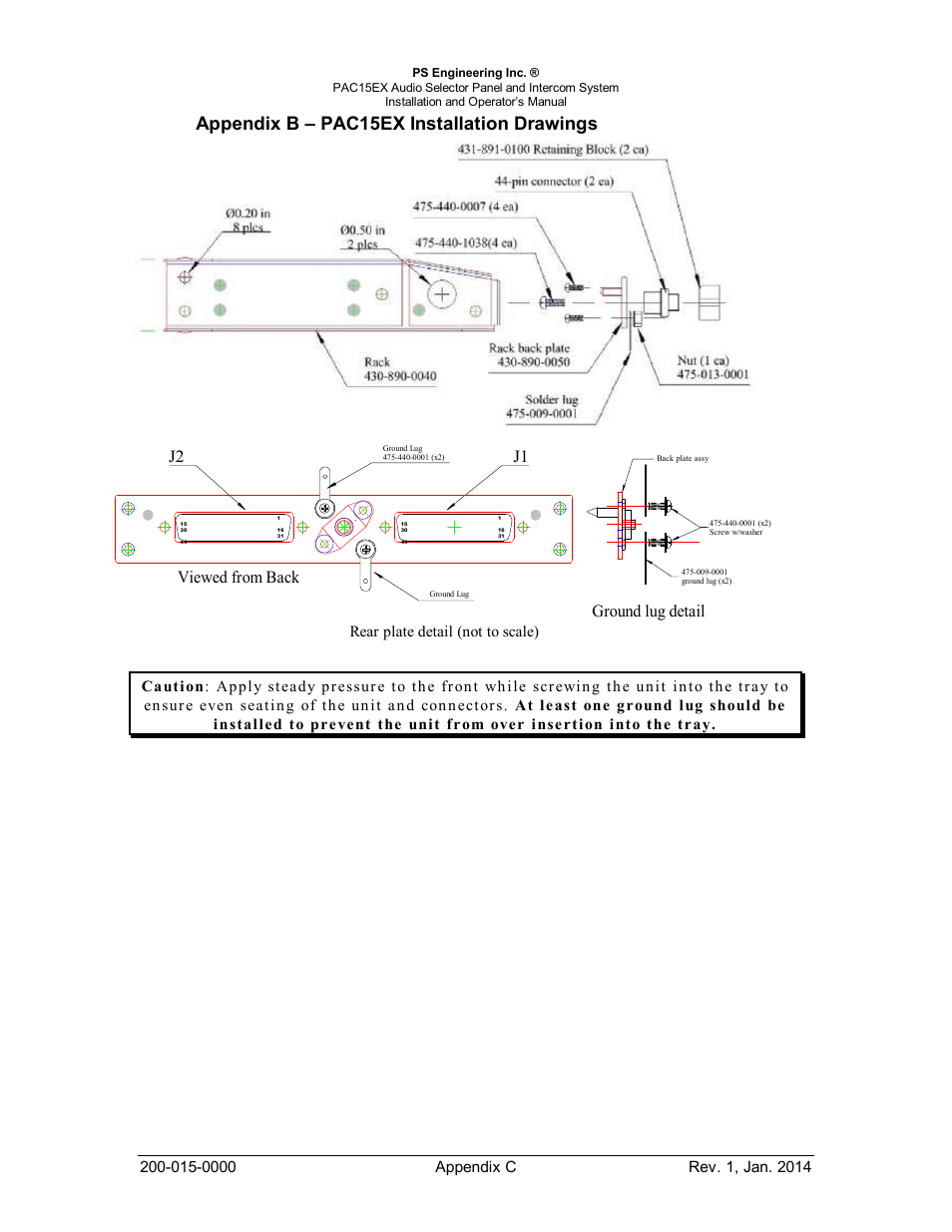 Appendix b – pac15ex installation drawings, J2 j1 viewed from back, Ground lug detail | PS Engineering PAC15 User Manual | Page 23 / 27