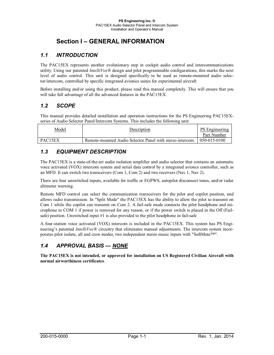 Section i – general information, 1introduction, 2scope | 3equipment description, Approval basis — none, Section i – general information1-1, Introduction -1, Scope -1, Equipment, Description -1 | PS Engineering PAC15 User Manual | Page 4 / 27