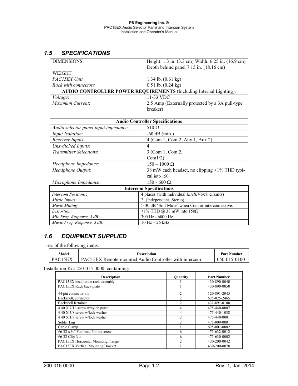 5specifications, 6equipment supplied, Specifications -2 | Equipment, Supplied -2, 5 specifications, 6 equipment supplied | PS Engineering PAC15 User Manual | Page 5 / 27