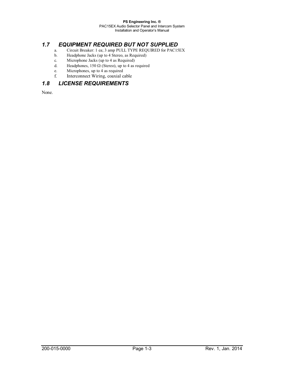 7equipment required but not supplied, License requirements, Equipment | Required, Supplied -3, License, Requirements -3 | PS Engineering PAC15 User Manual | Page 6 / 27