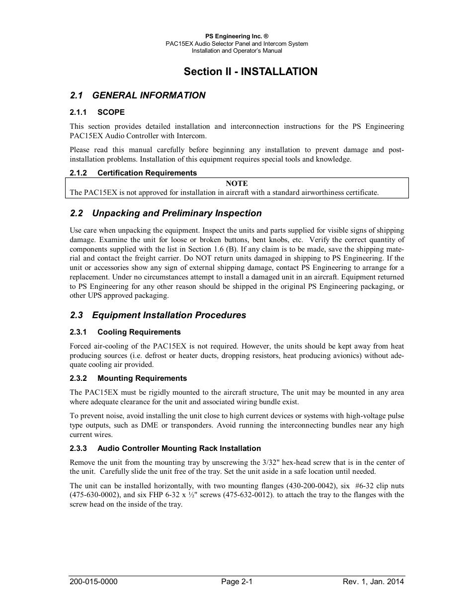 Section ii - installation, General information, Scope | Certification requirements, Unpacking and preliminary inspection, Equipment installation procedures, Cooling requirements, Mounting requirements, Audio controller mounting rack installation, General | PS Engineering PAC15 User Manual | Page 7 / 27