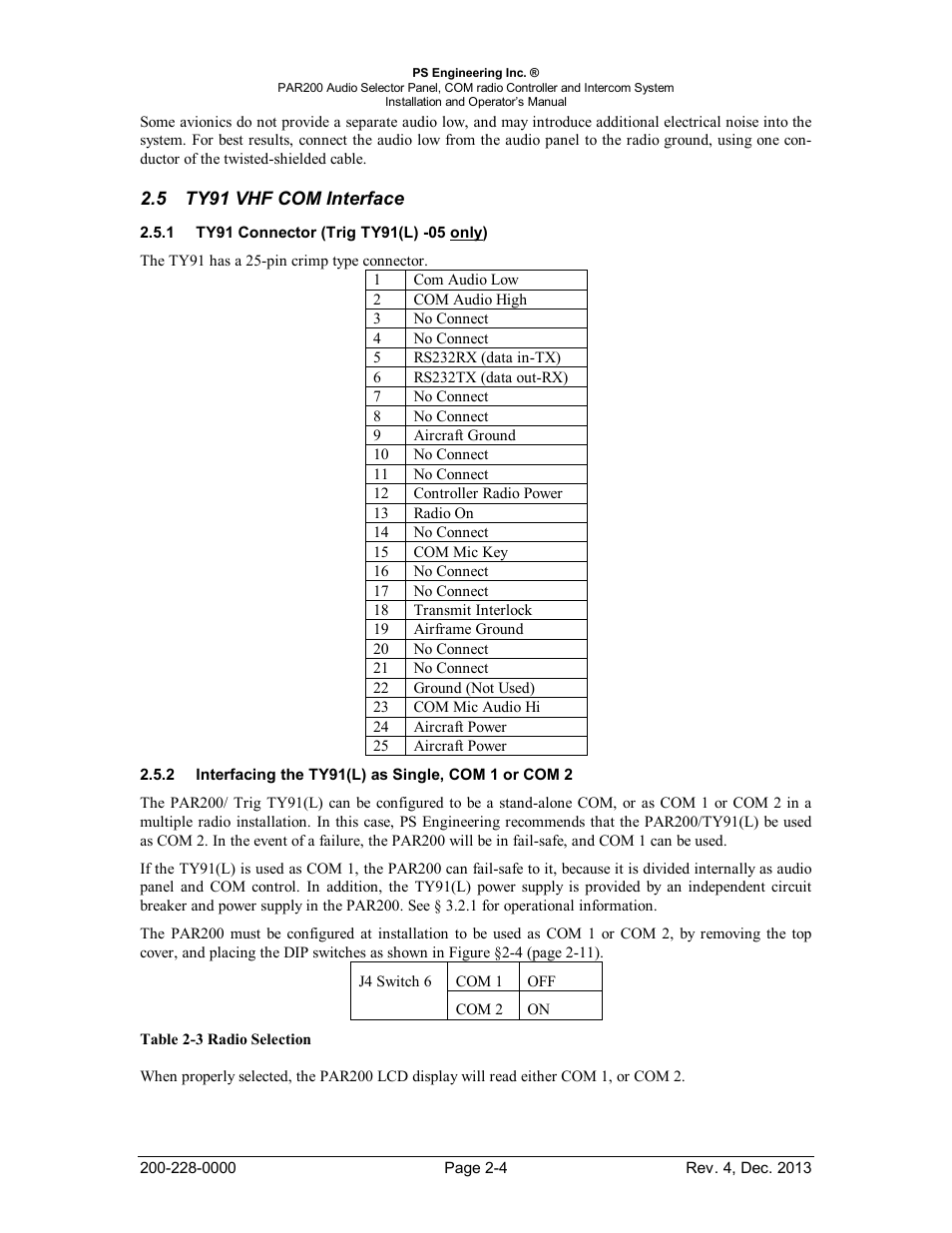 Ty91 vhf com interface, Ty91 connector (trig ty91(l) -05 only), Interfacing the ty91(l) as single, com 1 or com 2 | Ty91, Nterface, Onnector, Nterfacing the, Ingle | PS Engineering PAR200 User Manual | Page 11 / 43