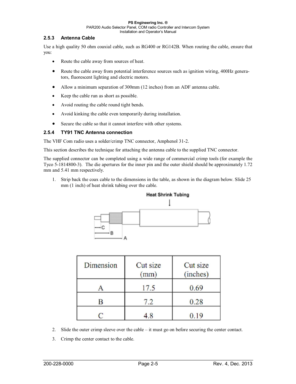Antenna cable, Ty91 tnc antenna connection, Ntenna | Able, Ty91, Ntenna connection | PS Engineering PAR200 User Manual | Page 12 / 43
