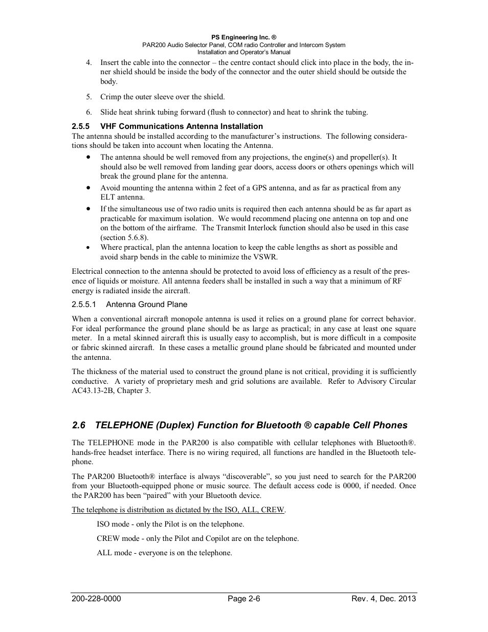 Vhf communications antenna installation, Ommunications, Ntenna | Nstallation, Telephone, Uplex, Unction for, Luetooth, Capable, Hones | PS Engineering PAR200 User Manual | Page 13 / 43