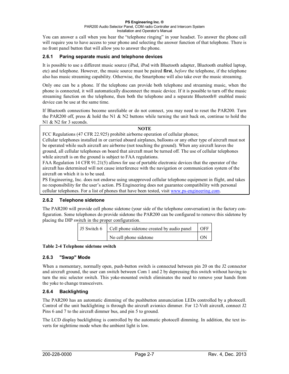 Paring separate music and telephone devices, Telephone sidetone, Swap" mode | Backlighting, Aring separate music and telephone devices, Elephone sidetone, Acklighting | PS Engineering PAR200 User Manual | Page 14 / 43