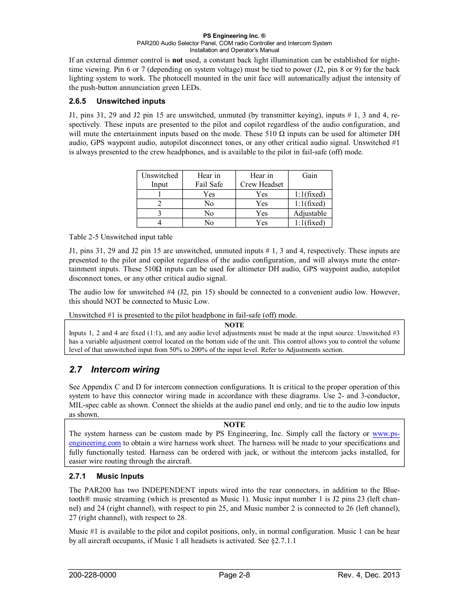 Unswitched inputs, Intercom wiring, Music inputs | Nswitched inputs, Ntercom wiring, Usic, Nputs | PS Engineering PAR200 User Manual | Page 15 / 43