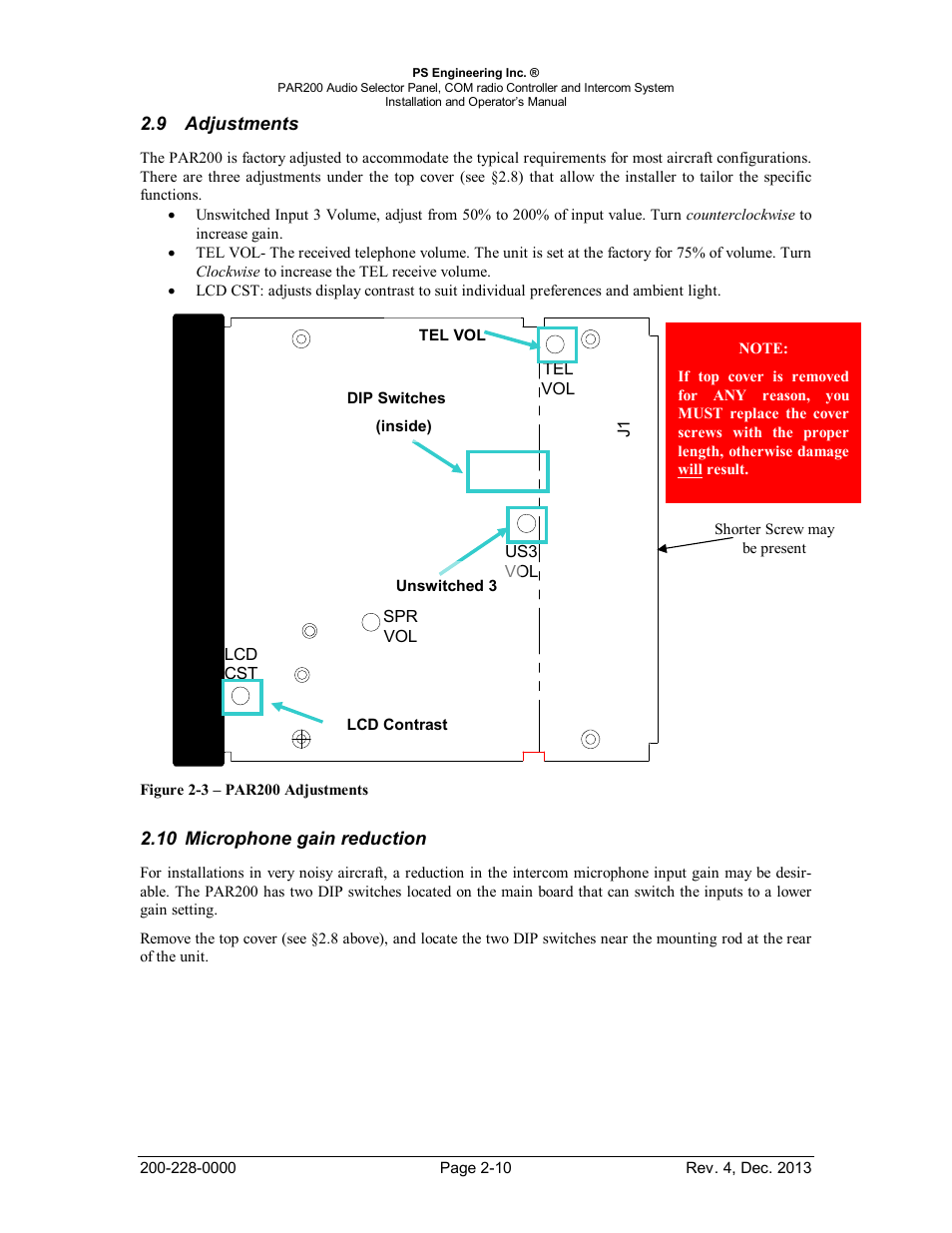 Adjustments, Microphone gain reduction, Djustments | Icrophone gain reduction | PS Engineering PAR200 User Manual | Page 17 / 43